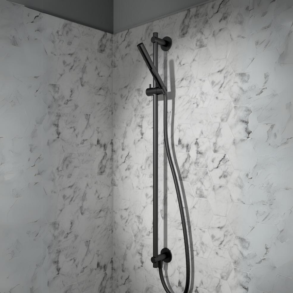 Product Lifestyle image of the JTP Vos Matt Black Slide Rail Kit with Handset Shower & Hose